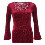 Dark Red Velour Burn Out Bell Sleeve Top