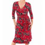 Red and Black Textured Floral Wrap Dress