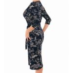 Navy Blue and White Textured Floral Wrap Dress
