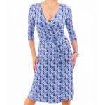 Blue and White Graphic Print Wrap Dress