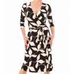 Black and Ivory Leaf Print Wrap Dress