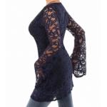 Navy Blue Crochet Lace Bell Sleeve Top