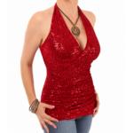 Red Velour Sequin Figure Hugging Halter Top