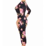 Black and Pink Floral Mock Wrap Dress