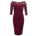 Wine Lace Slash Neck Ruched Dress