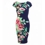 Navy Blue and Pink Floral Pencil Dress