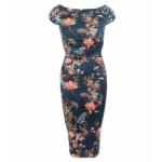 Teal Floral Ruched Pencil Dress