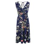 Navy Blue Floral V Neck Fit and Flare Dress