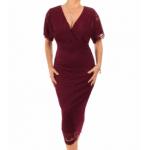 Wine Flutter Sleeve Lace Pencil Dress