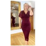 Wine Flutter Sleeve Lace Pencil Dress