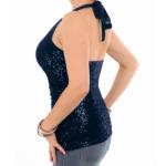 Navy Blue Velour Sequin Figure Hugging Halter Top