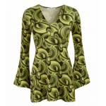 Green Retro Print Bell Sleeve Tunic Top