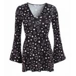 Black Heart Print Bell Sleeve Tunic Top