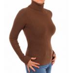 Brown Ribbed Polo Neck Clingy Jumper