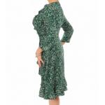 Green Print Ruffled Mock Wrap Dress