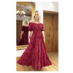 Dark Red Ditsy Print off the Shoulder Maxi Dress