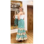 Green and Ivory Paisley Tiered Maxi Skirt