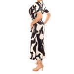 Black and Ivory V Neck Belted Flutter Sleeve Dress