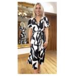 Black and Ivory V Neck Belted Flutter Sleeve Dress