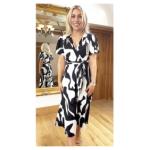 Black and Ivory V Neck Belted Flutter Sleeve Dress