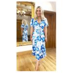 Blue Floral V Neck Belted Flutter Sleeve Dress