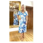 Blue Floral V Neck Belted Flutter Sleeve Dress