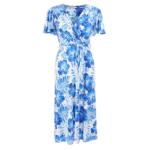 Blue Floral V Neck Belted Flutter Sleeve Dress