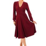 Wine V Neck Fit and Flare Long Sleeve Dress