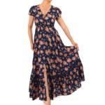 Navy Blue and Tan Printed Button Through Maxi Dress