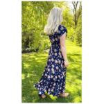 Navy Blue and Tan Printed Button Through Maxi Dress