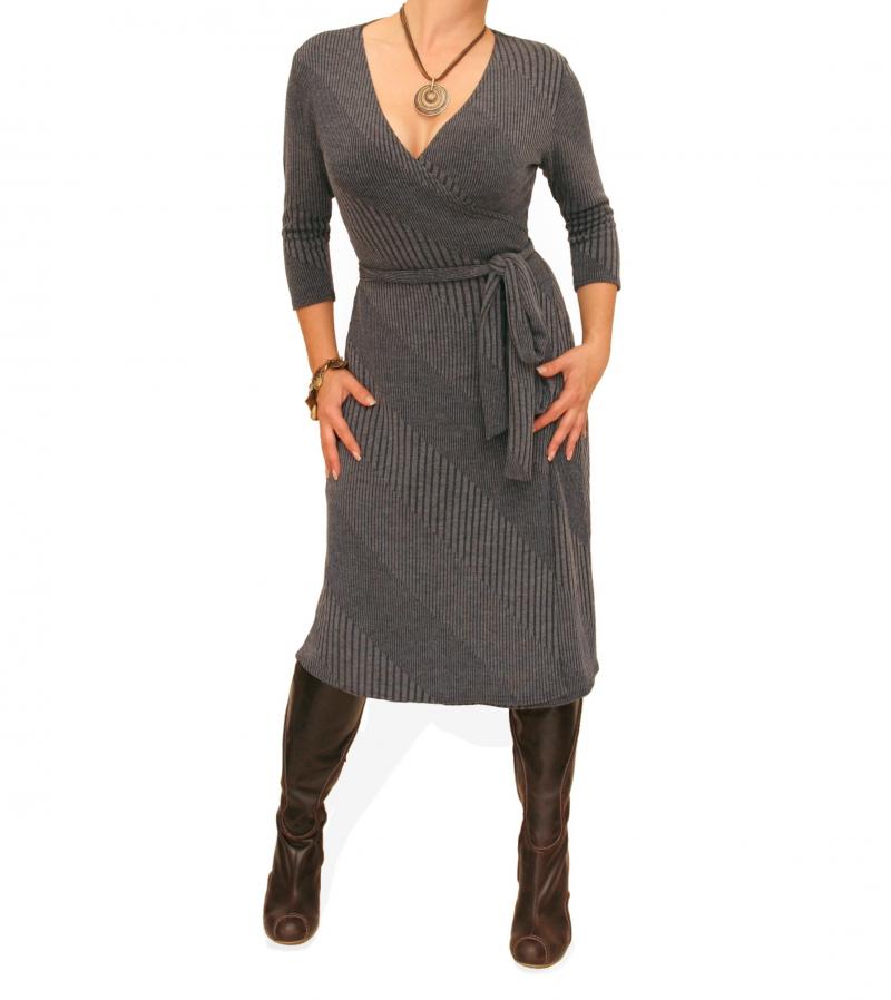 Grey Ribbed Knitted Wrap Dress