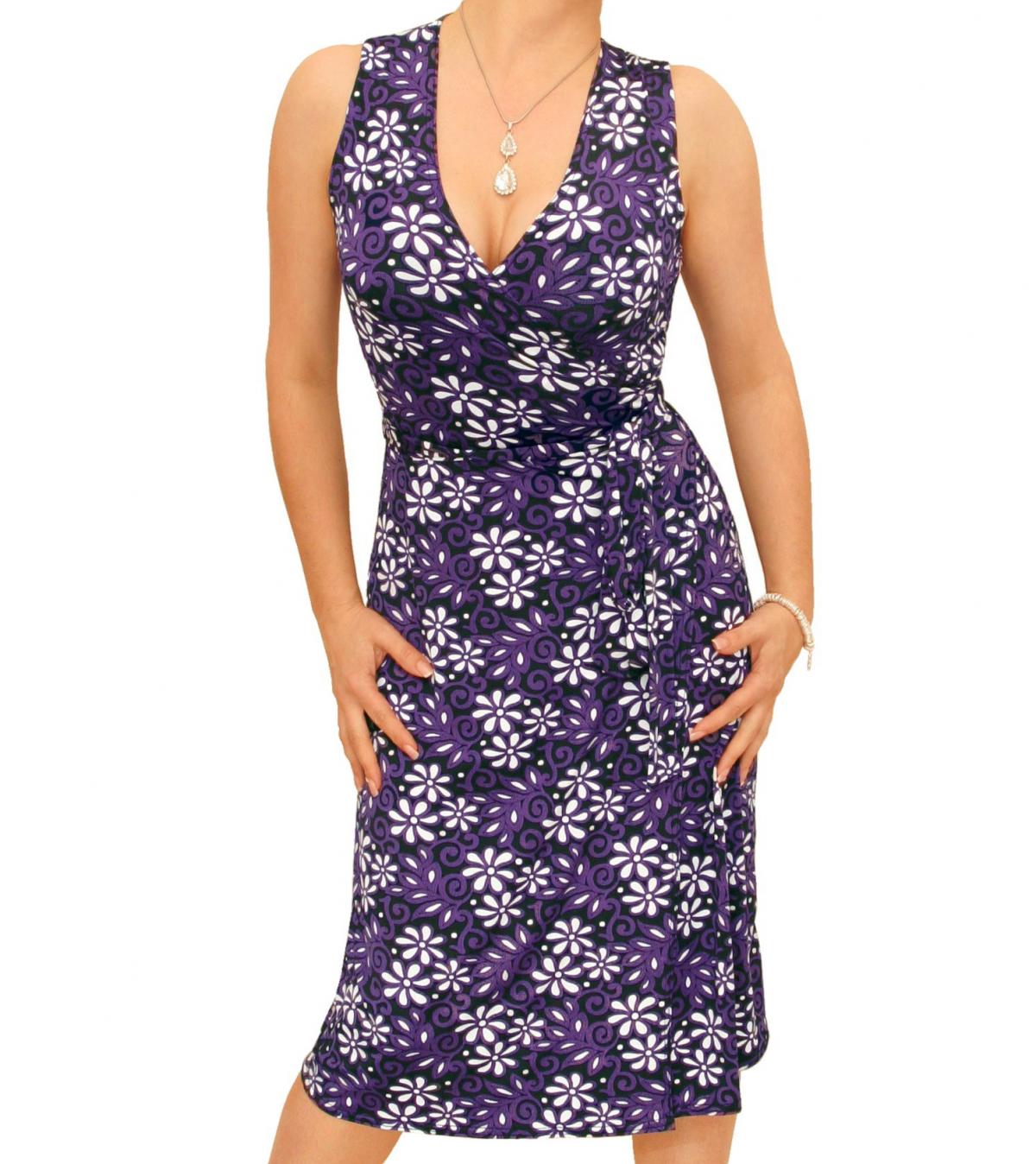 Purple Floral Print Sleeveless Wrap Dress