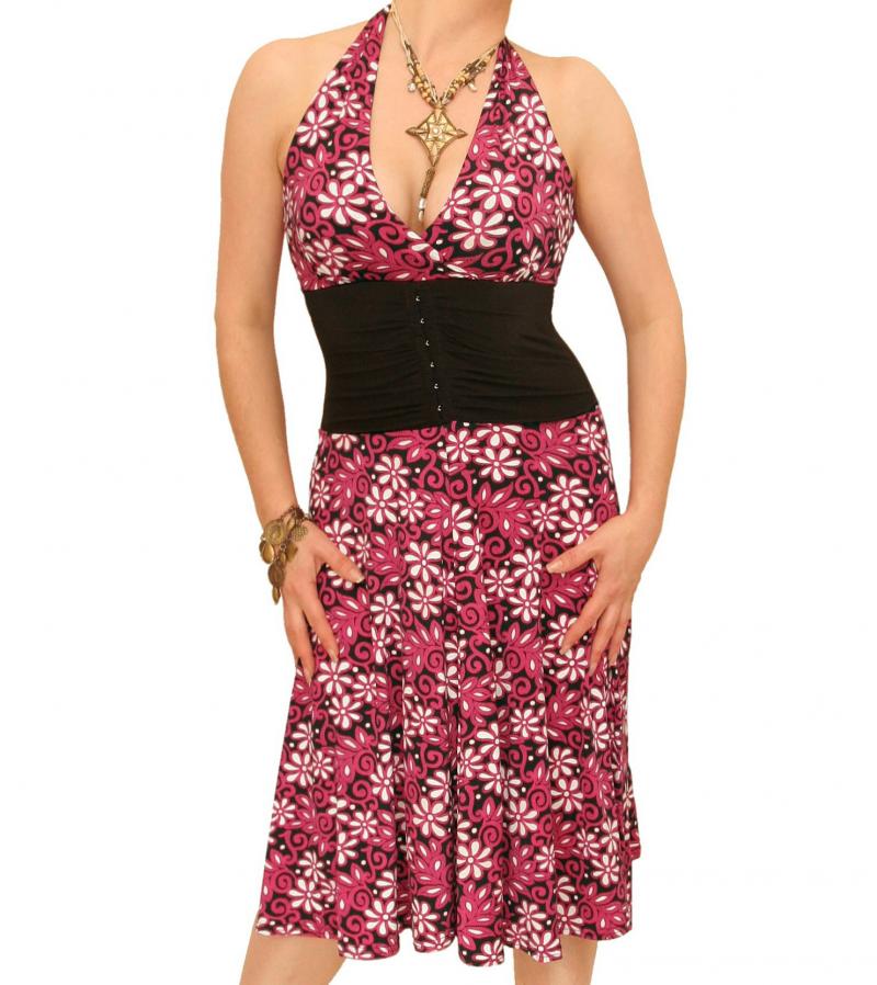 Pink Floral Print Corset Style Halter Dress