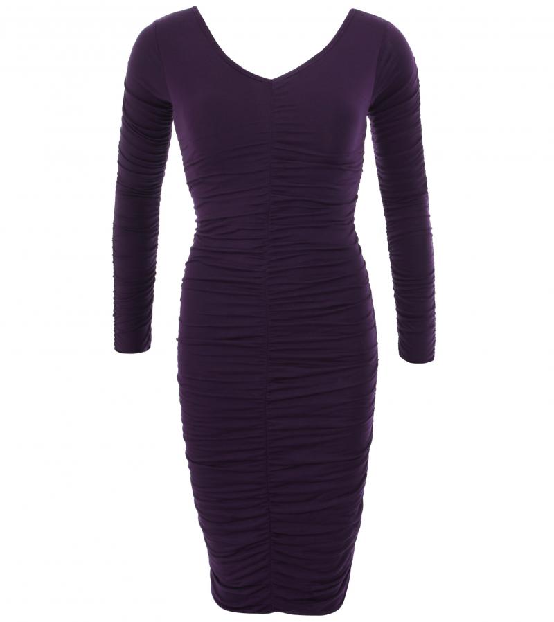 Purple Ruched V Neck Dress