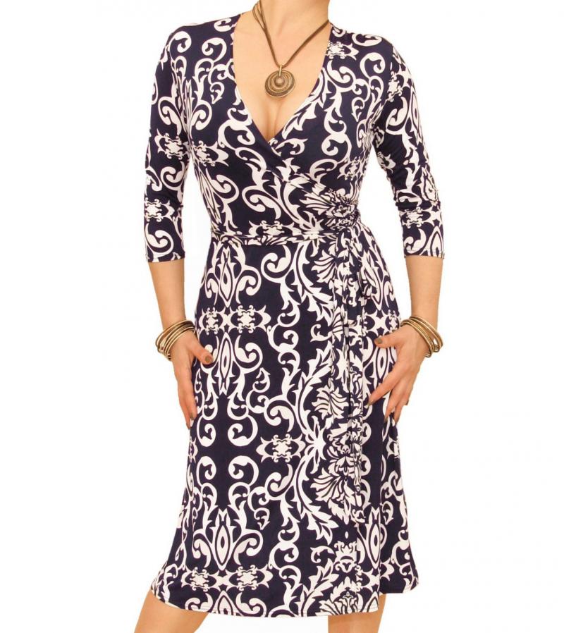 Navy and Ivory Print Wrap Dress 