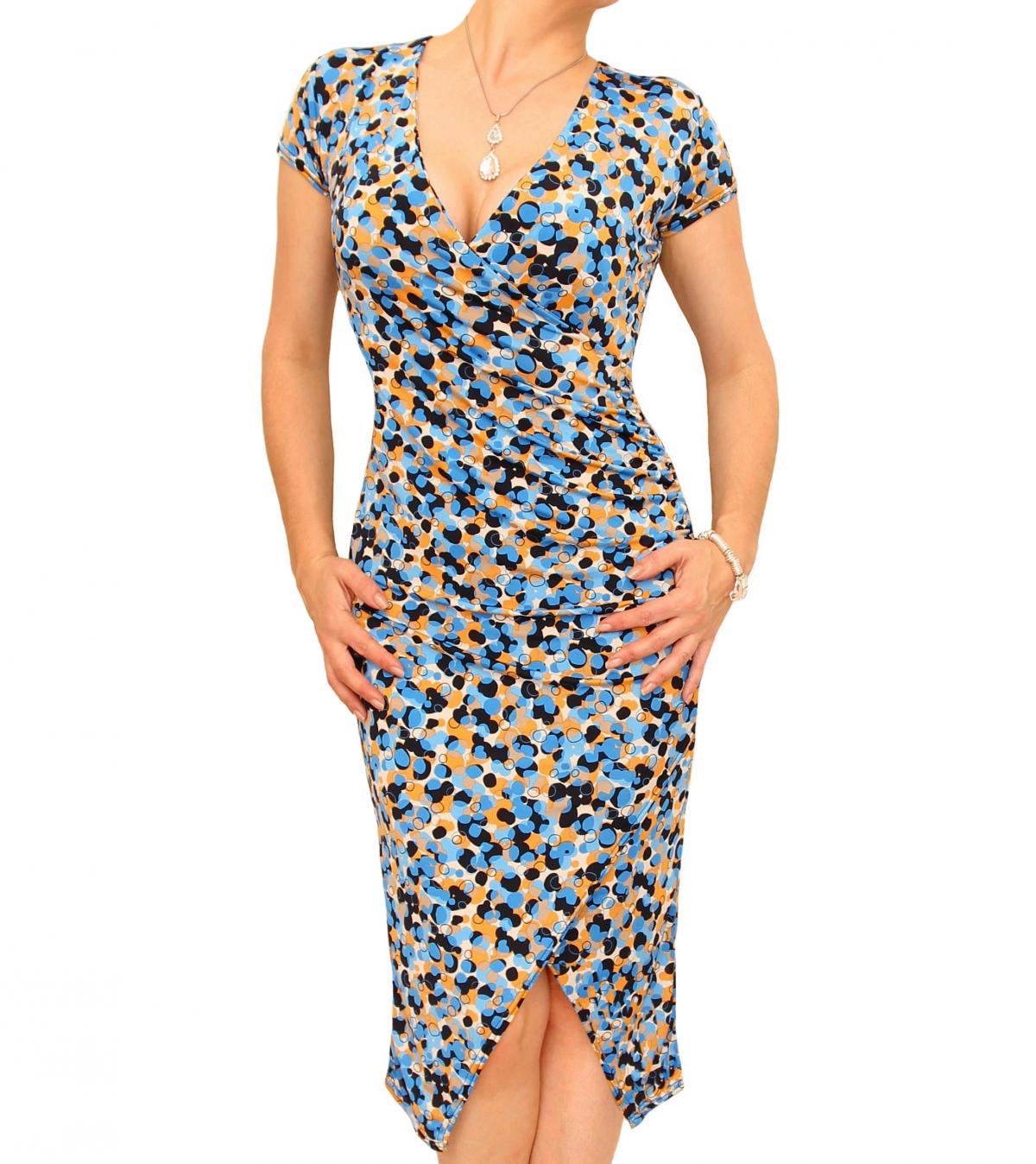 Blue Spotty Print Ruched Mock Wrap Dress