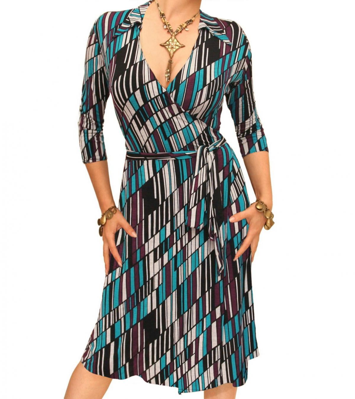 Teal and Purple Printed Collared Wrap Dress