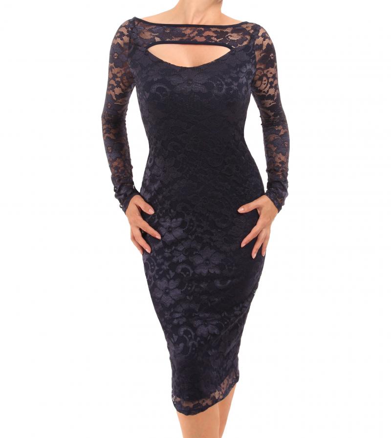 Navy Blue Lace Keyhole Dress