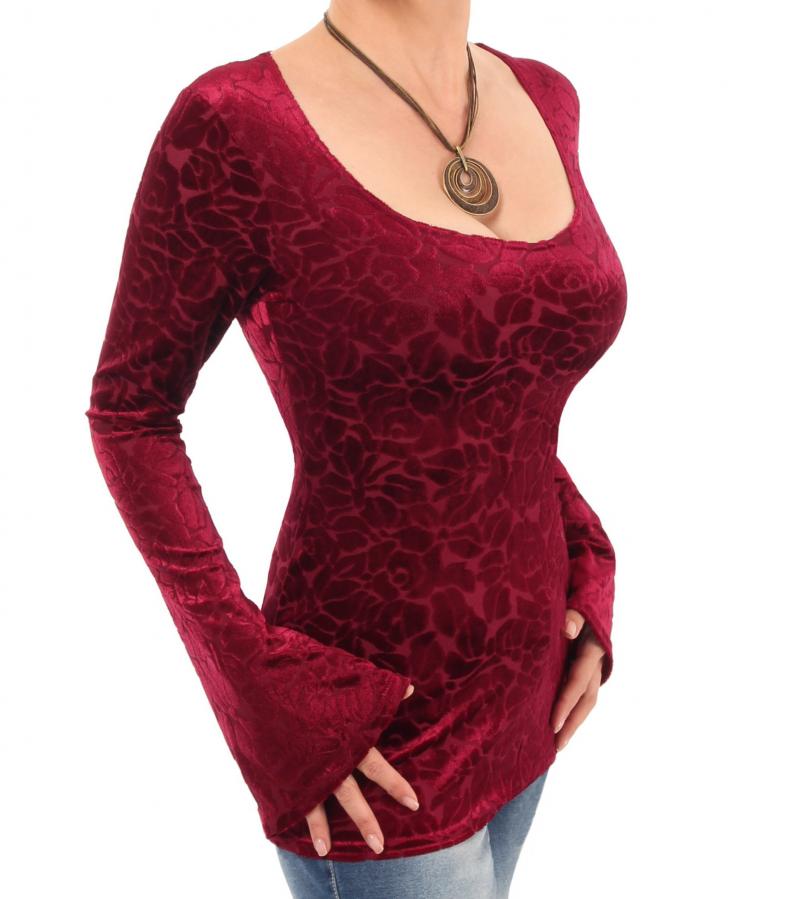 Dark Red Velour Burn Out Bell Sleeve Top