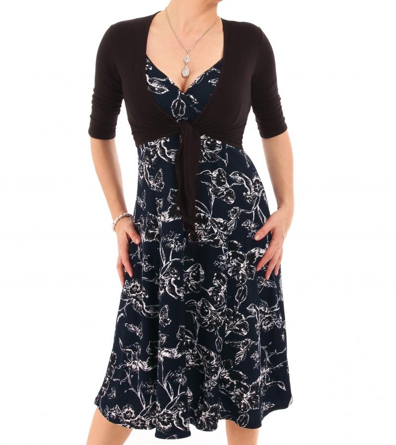 Navy Blue Floral Print Strappy Dress with Lace Inserts