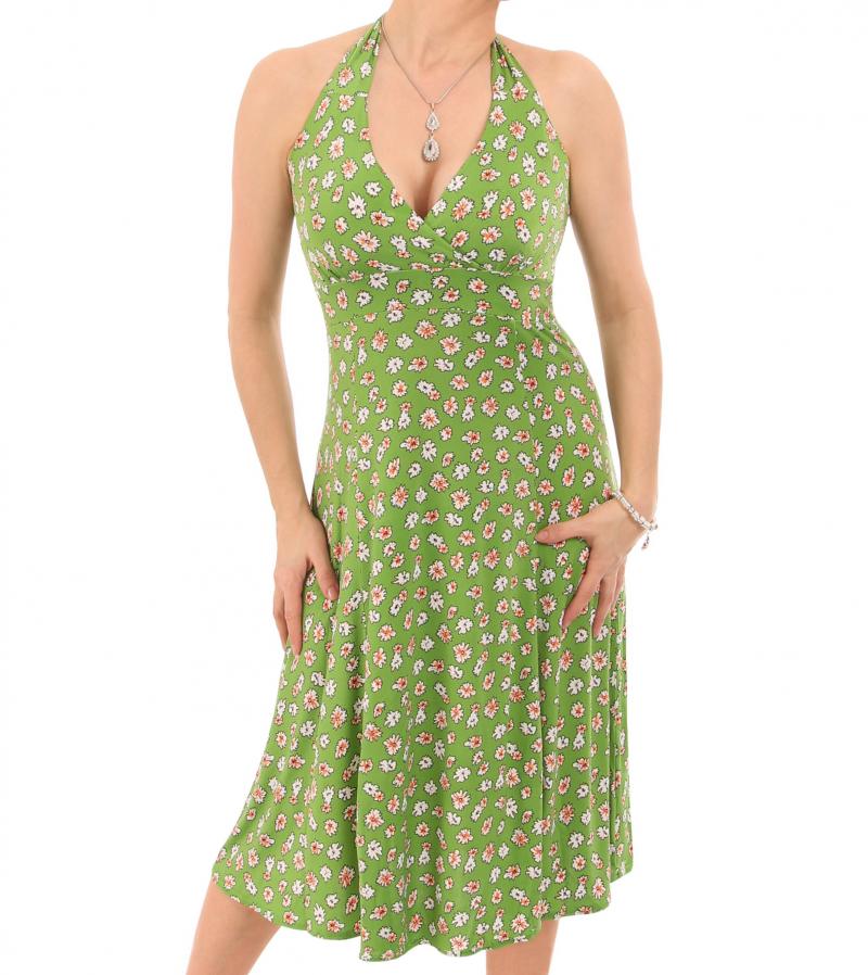 Green Daisy Floral Print Halter Neck Dress
