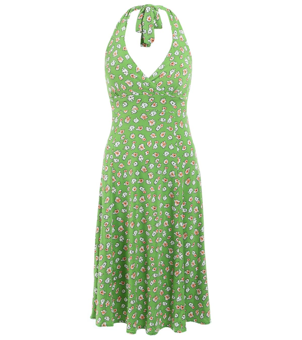 Just Blue Women's Daisy Print Halter Neck Dress - Knee Length Floral Jersey