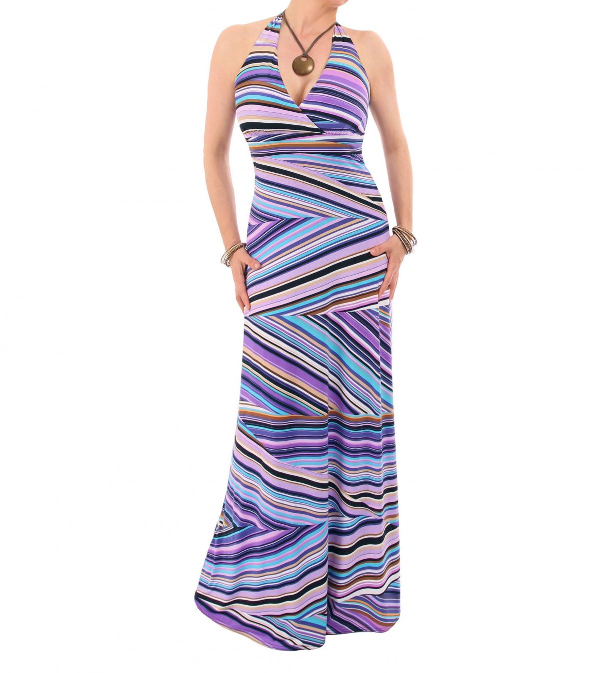 Purple Striped Halter Neck Maxi Dress