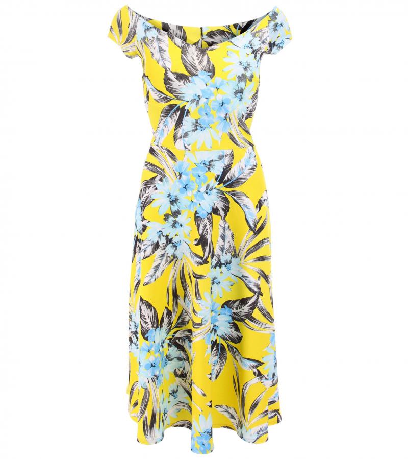 Yellow Floral Bardot Split Leg Bodycon Dress | PrettyLittleThing