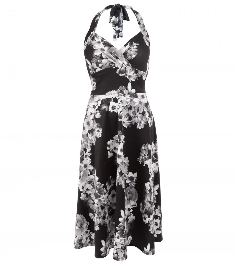 Black and White Floral Halter Neck Dress