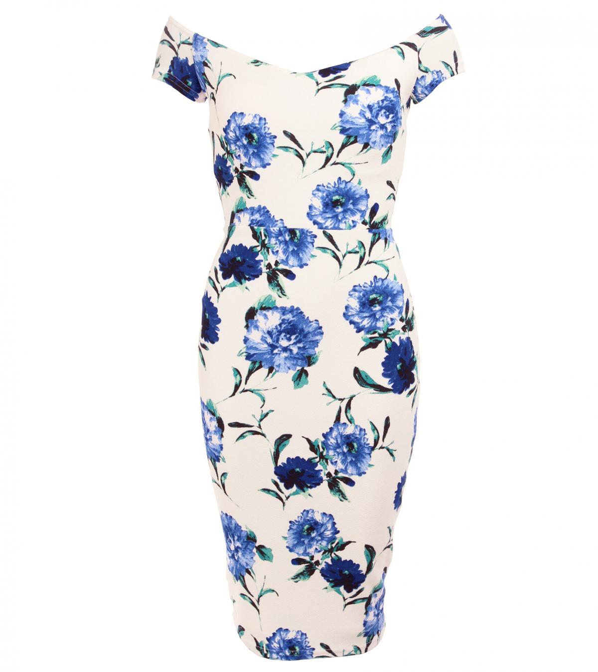 Blue and White Floral Bardot Midi Dress