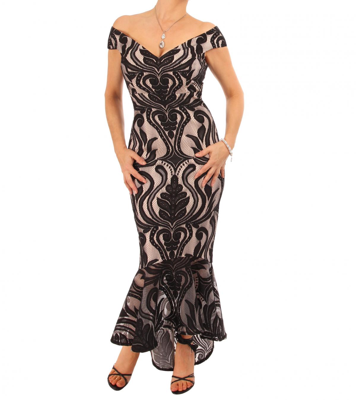 Black and Nude Fishtail Bardot Dress