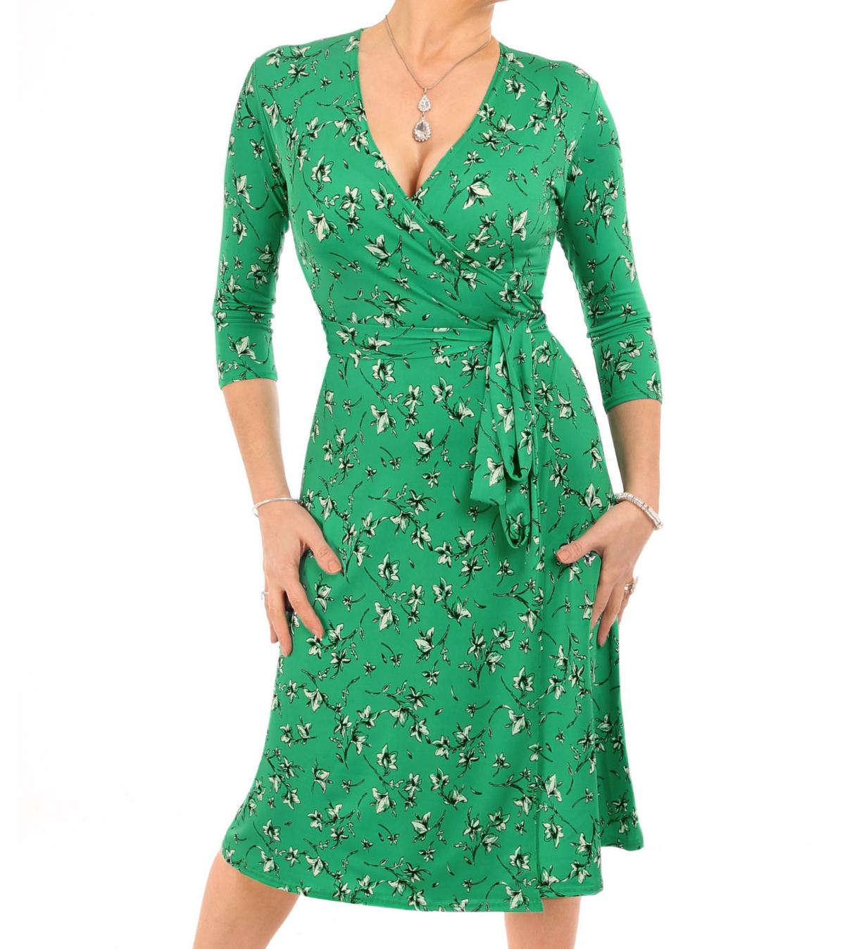 Emerald Green Print Slinky Wrap Dress