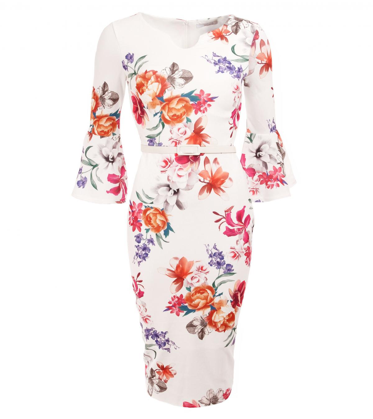 Ivory Floral Bell Sleeve Pencil Dress