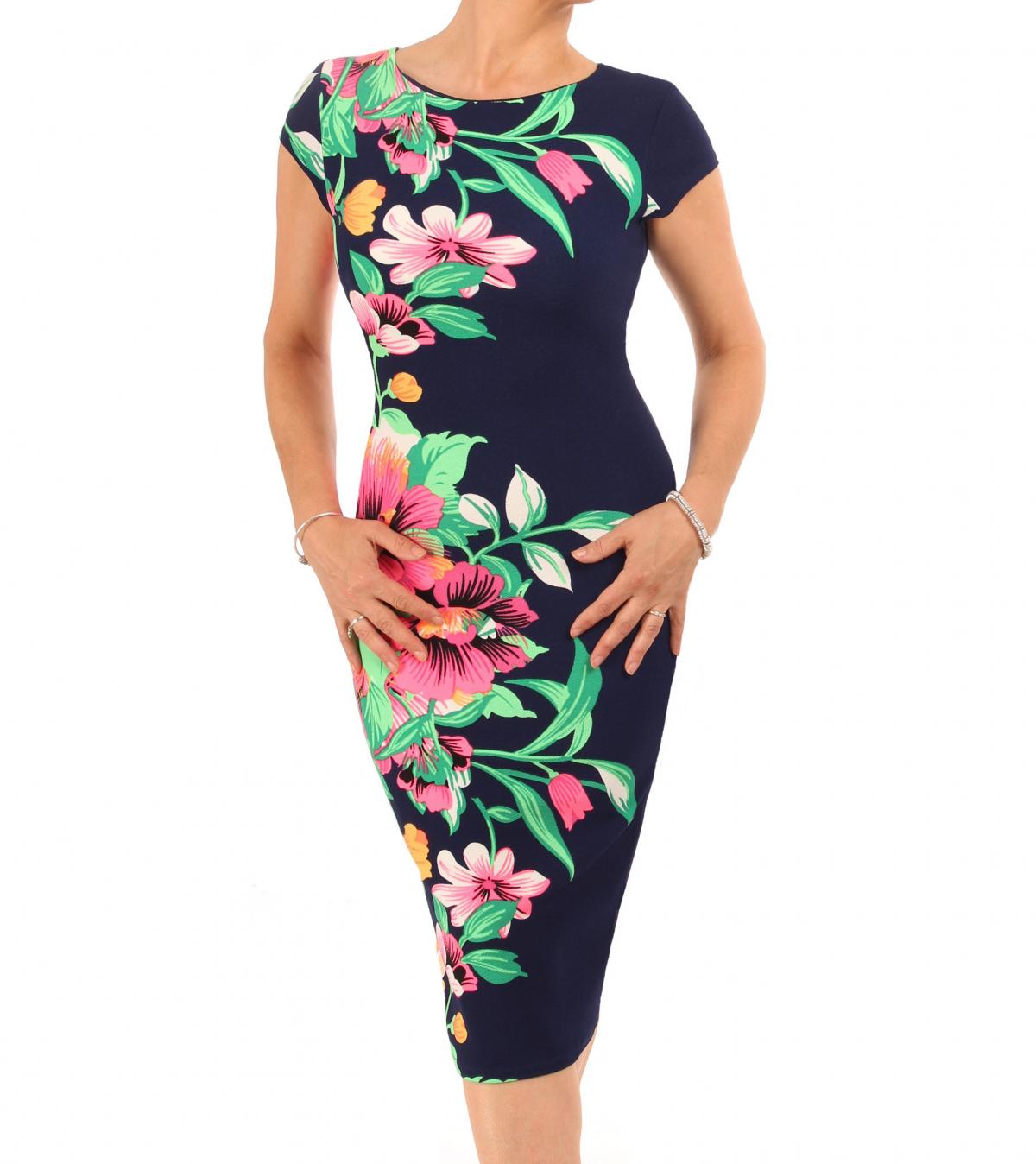 Navy Blue and Pink Floral Pencil Dress